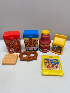 Lot Vintage LITTLE TIKES Pretend Play Food Chips Juice Pretzel Waffle Box 7 Pc